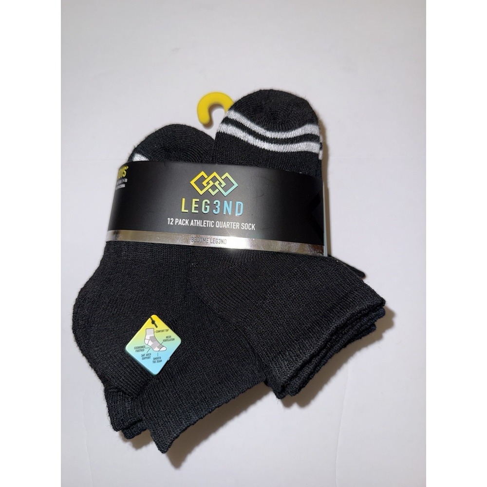 LEG3ND Boys Athletic Quarter Socks Size 7-10 Black 12 Pack Cushioned Sport NEW